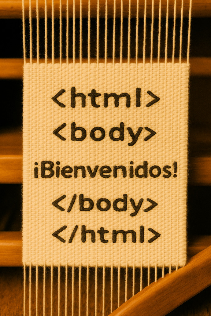 Un telar artesanal entretejiendo las etiquetas <html> y <body> con las letras JGC.